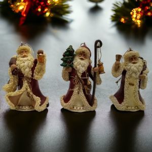 3pc Ceramic Resin Red Cloaked Santa Lantern Toy Bag Bell Gold Cord Ornaments